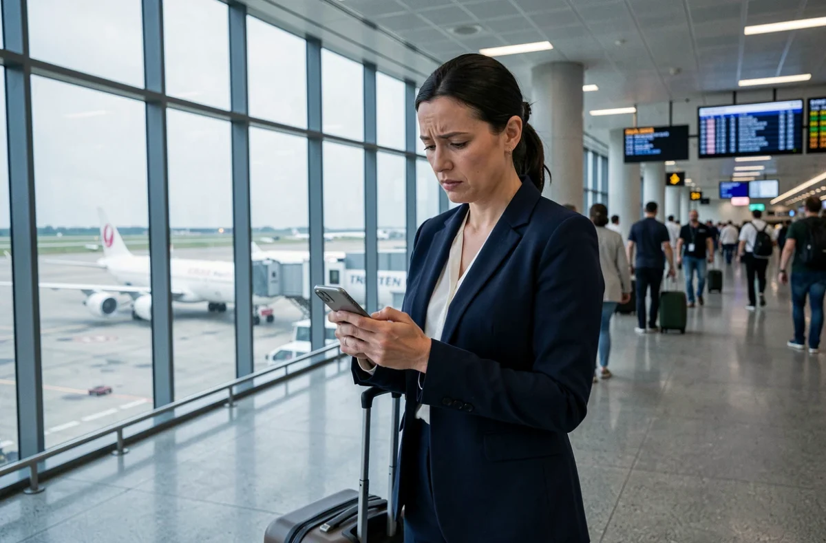 Voyageuse consultant son smartphone dans un terminal d'aéroport international avec des avions visibles sur le tarmac en arrière-plan