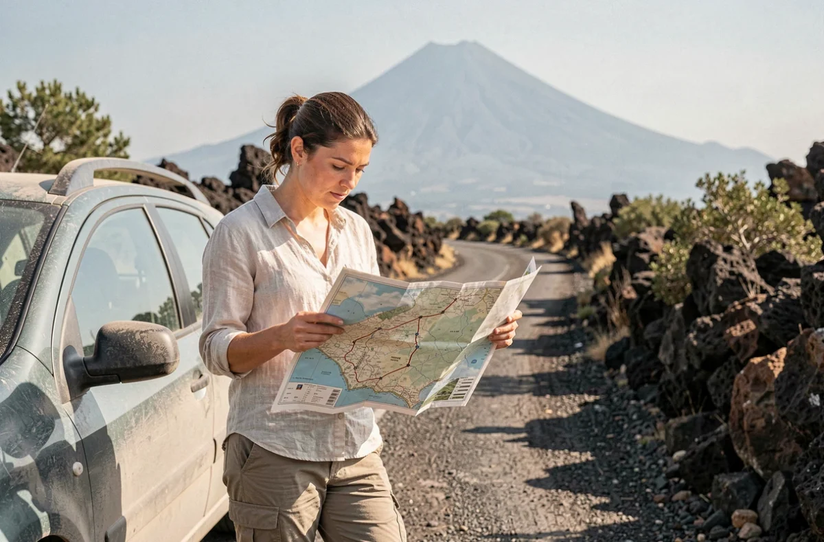 Voyageuse consultant une carte volcan Italie devant l'Etna lors d'un road trip en Sicile
