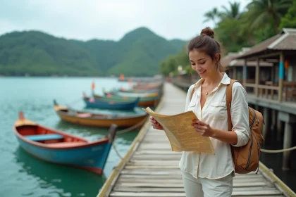 Voyageuse étudiant une carte sur le ponton en bois du port de Padangbai à Bali, avec des bateaux de pêche traditionnels colorés en arrière-plan
