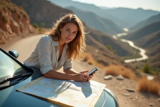 Une voyageuse consulte une carte routière et une application de voyage sur son téléphone, appuyée sur une voiture de location lors d'un road trip à l'étranger