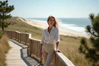 Femme regardant la dune du Pilat depuis une plateforme en bois