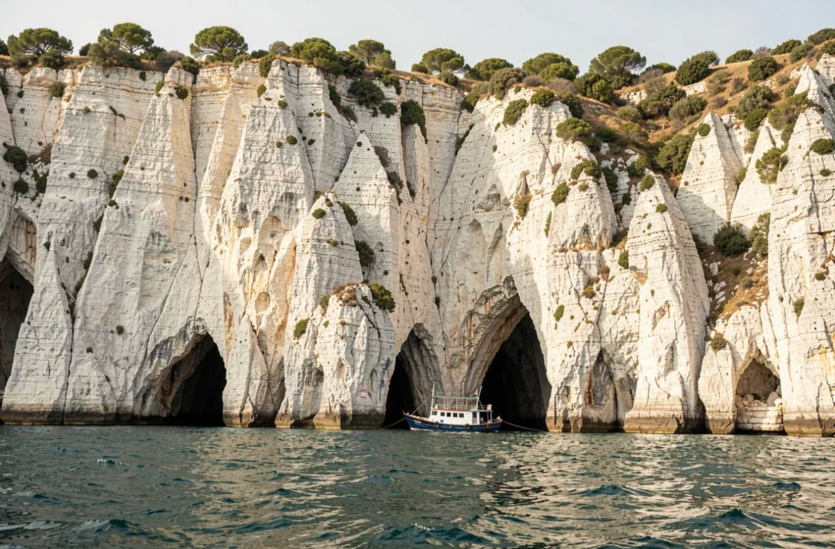 Vue extérieure des grottes de Polignano a Mare depuis la mer avec falaises calcaires blanches et entrées de cavernes sombres
