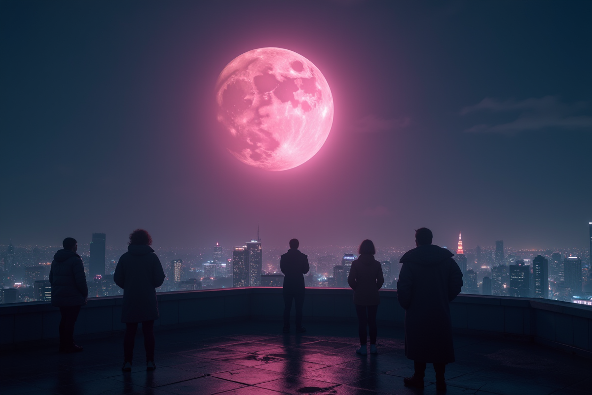 Groupe de personnes regardant la lune rose depuis un toit urbain la nuit